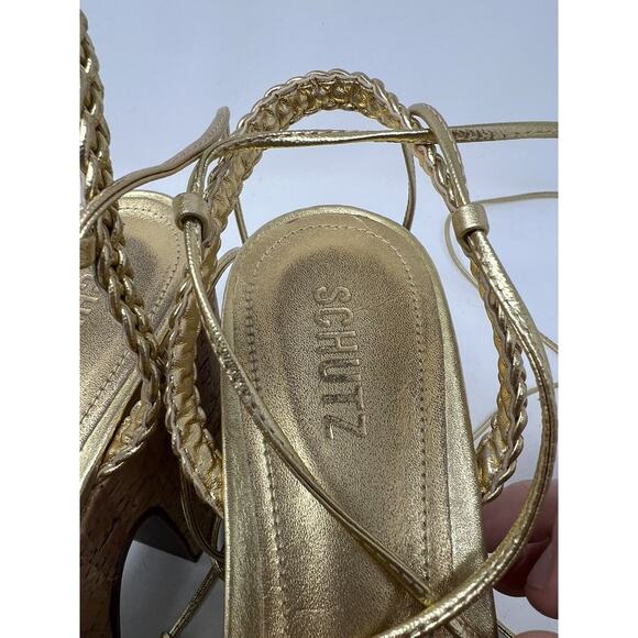 Schutz Maxima Lace Up Ankle Tie Platform Heel‎ Sandals Women's 10B Gold Metallic - Picture 4 of 9